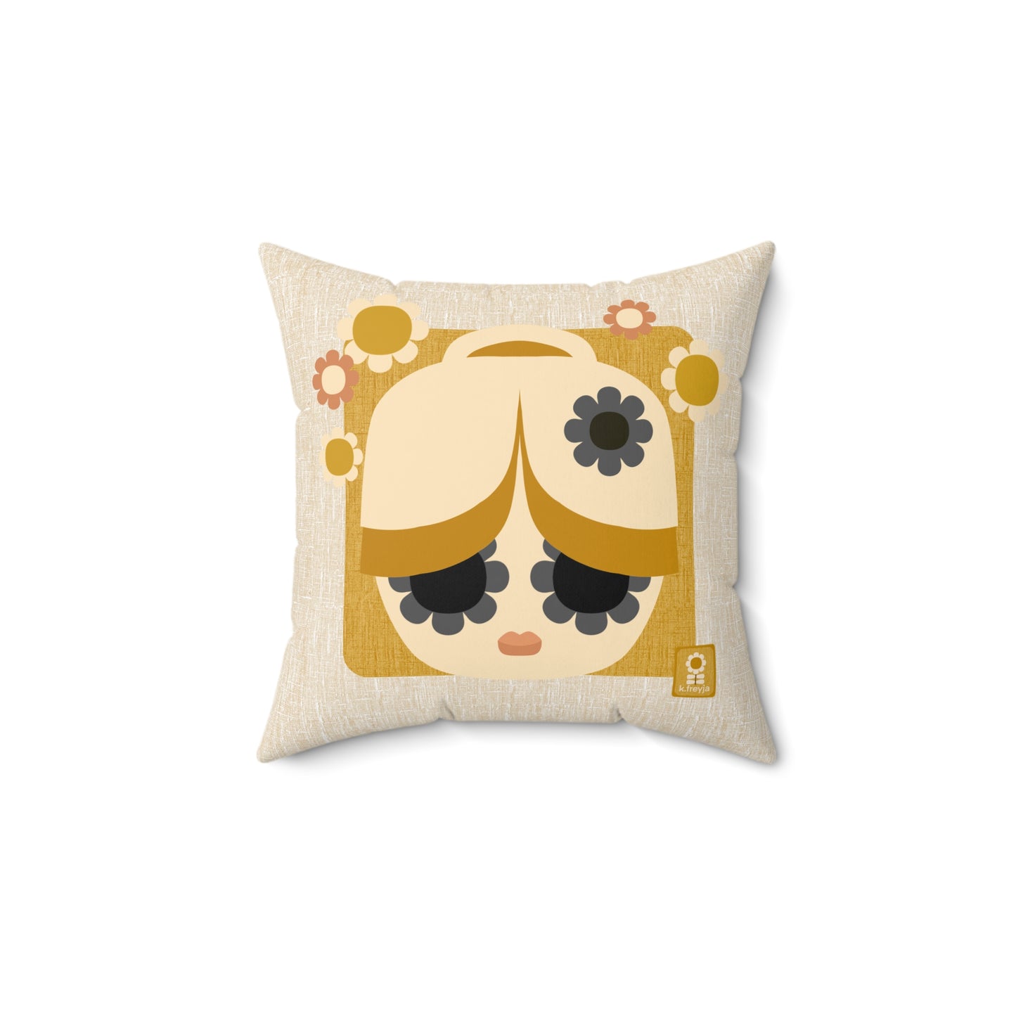 Retro Floral Girl Decorative Pillow — Boho Cute Square Throw Cushion