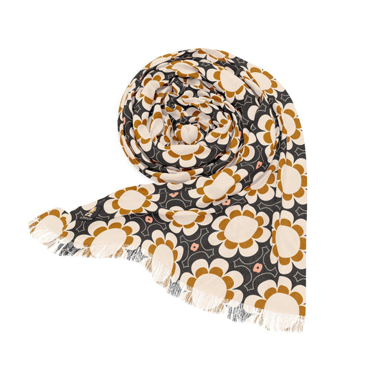 Buttery Soft Pashmina Scarf: Shelly Beach ~ Light Scarf in Mustard, Charcoal, Cream & Pink Floral Print