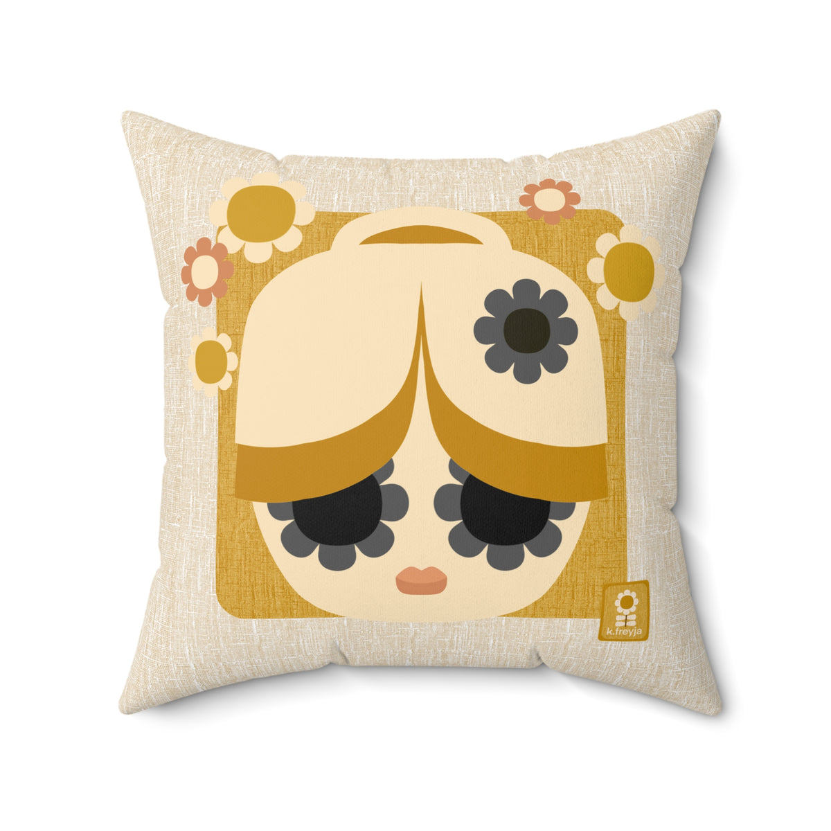 Retro Floral Girl Decorative Pillow — Boho Cute Square Throw Cushion