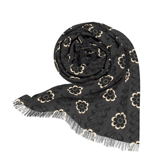 Buttery Soft Pashmina Scarf: Ebony + Ivory ~ Light Scarf in Neutral Black, Charcoal & White Floral Print