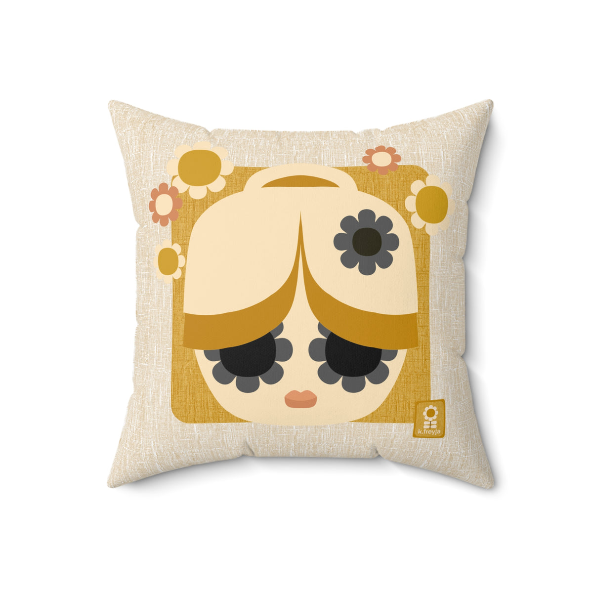 Retro Floral Girl Decorative Pillow — Boho Cute Square Throw Cushion