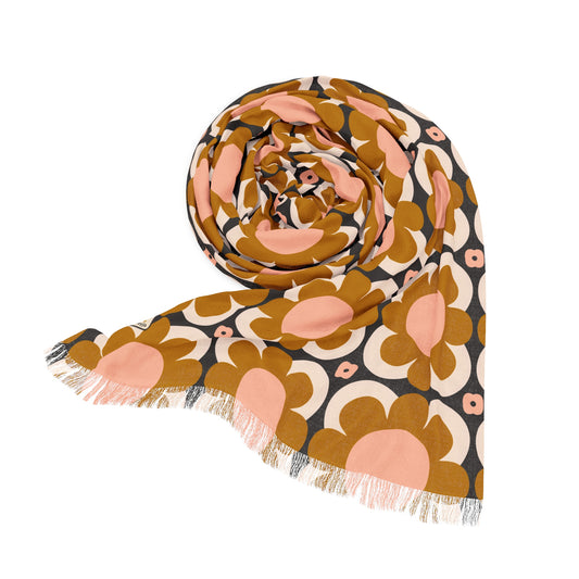 Buttery Soft Pashmina Scarf: Palm Springs Patio ~ Light Scarf in Mustard, Pink, Charcoal & Cream Floral Print