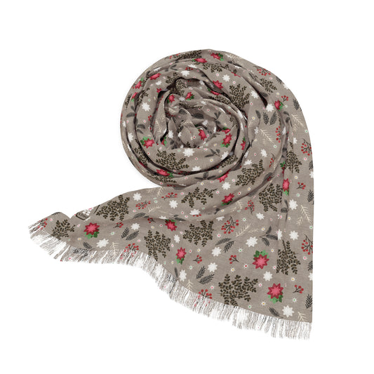 Buttery Soft Pashmina Scarf: Winter Woodland ~ Light Scarf in Taupe, Chocolate, Cherry Red, Pink, White, Green & Black