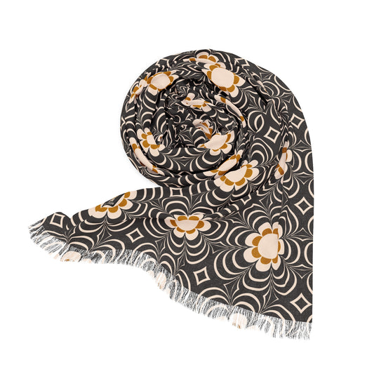 Buttery Soft Pashmina Scarf: Secret Agent ~ Light Scarf in Mustard, Charcoal & Cream Floral Print
