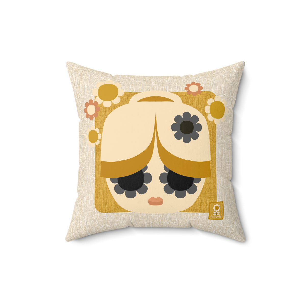 Retro Floral Girl Decorative Pillow — Boho Cute Square Throw Cushion